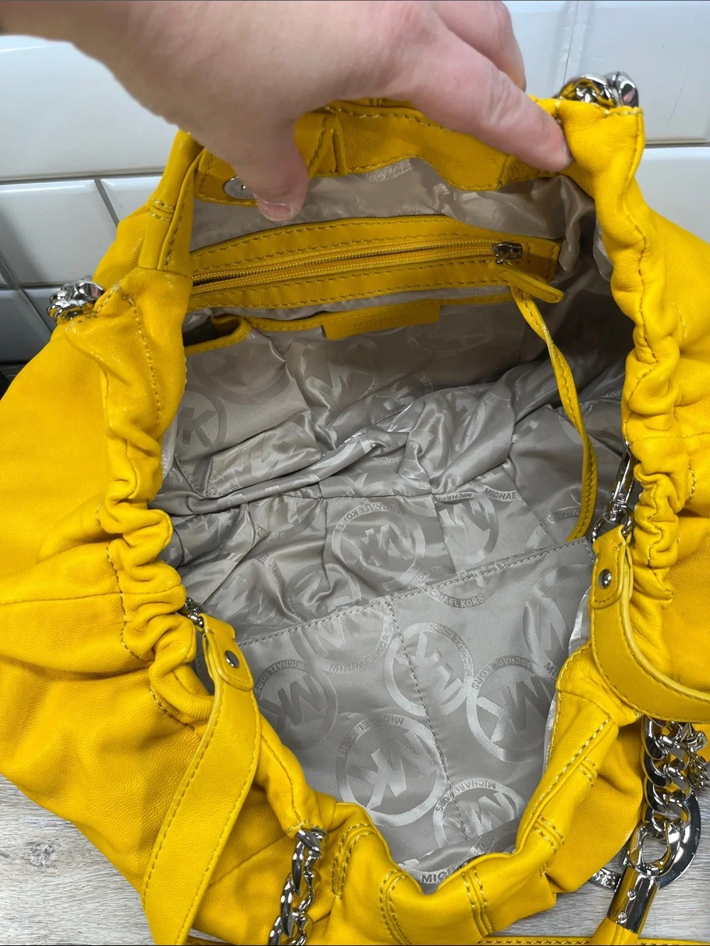 Michael Kors Yellow Pleated Shoulder Bag with Chain Detail
